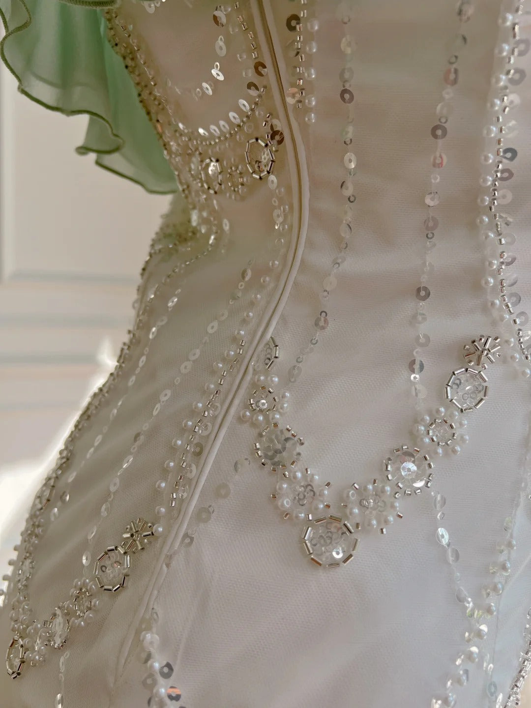 Robe de soirée longue en mousseline de soie vert menthe, ornée de perles, pour anniversaire, gh4407