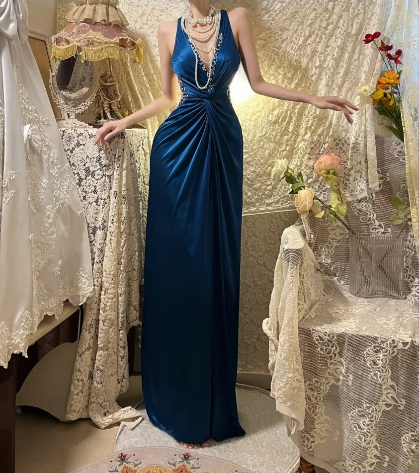 Blue Retro Elegant Fashion Long Satin Prom Dress Evening Gown Graduation Dress gh4257