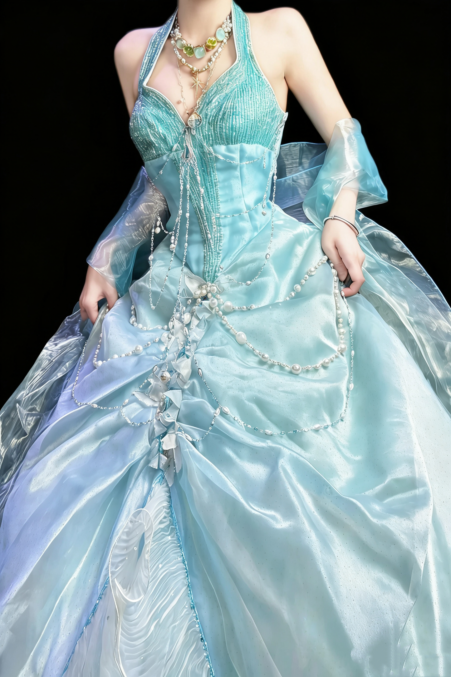 Meerjungfrauen-Ballkleid in Meeresblau mit Neckholder, Perlen und Quasten – Hochzeits- und Cosplay-Kleid im Ozean-Stil gh6557