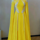 Bright Yellow Satin Mandarin Collar Long-Sleeve Beaded Mother's Formal Evening Gown gh6392