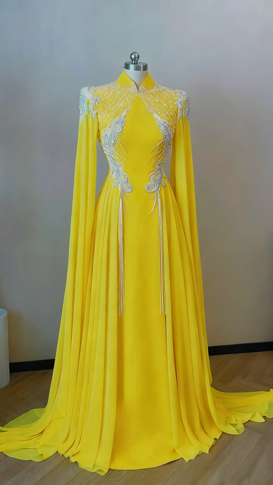 Robe de soirée de cérémonie jaune vif en satin, col mandarin, manches longues et perles, pour la mère de la mère (gh6392)
