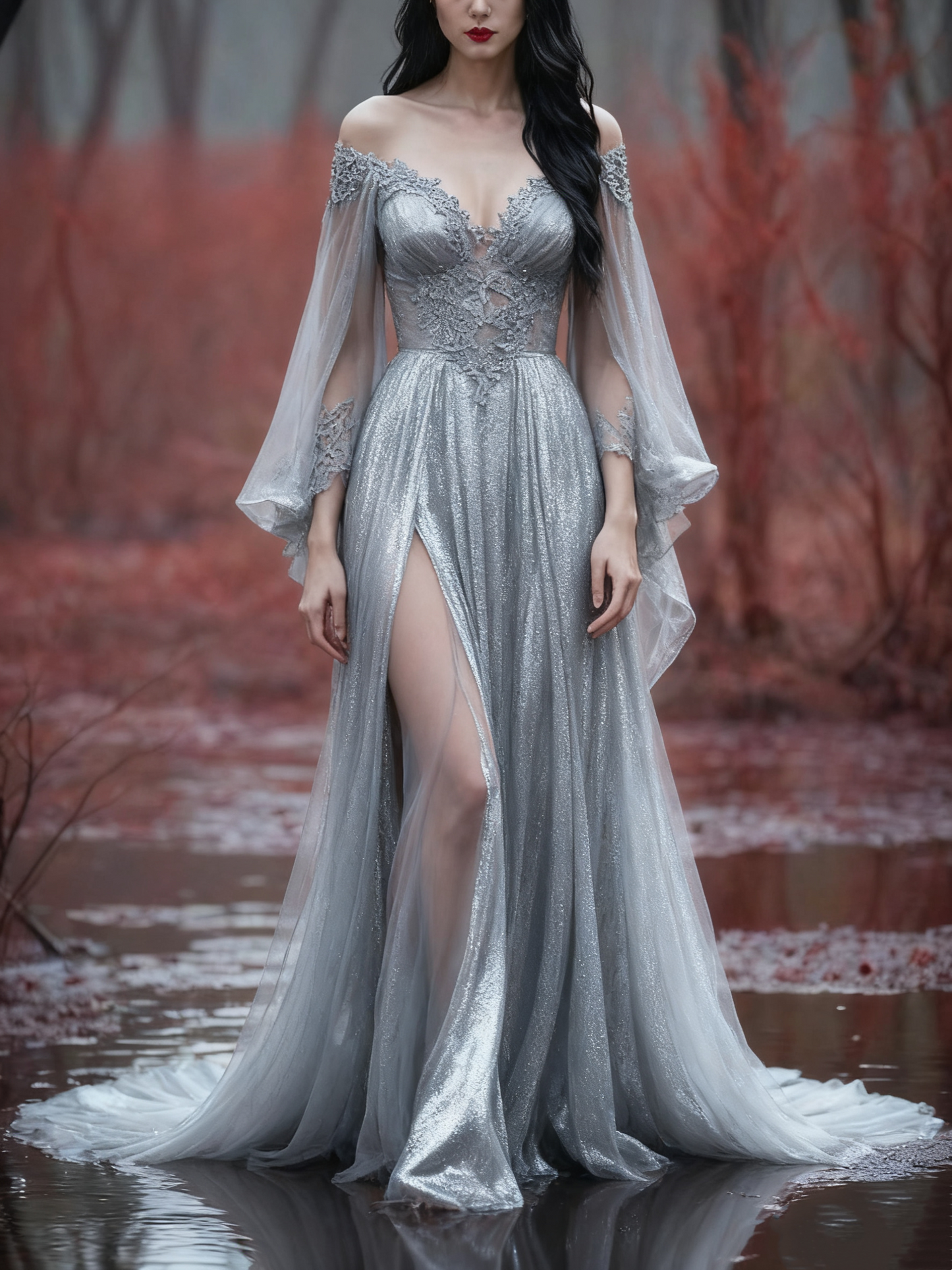 girlhomeshops-Langarm Tüll Bodenlang Schleppe Retro Elegant Ballkleid Abendkleid gh5943