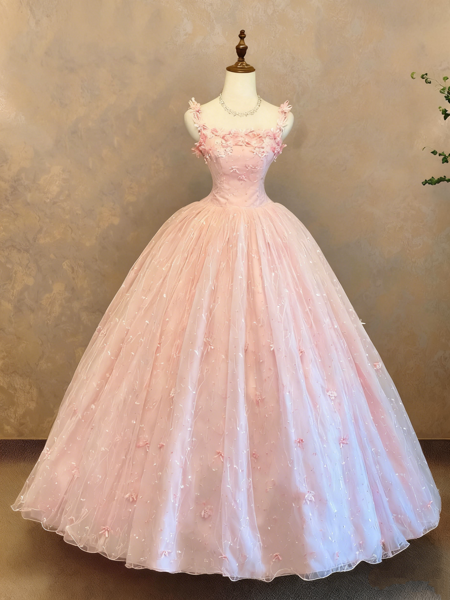 girlhomeshops-Light Pink Tulle 3D Flower-Embellished Spaghetti-Strap Sleeveless Floor-Length Court-Style Gown gh6362