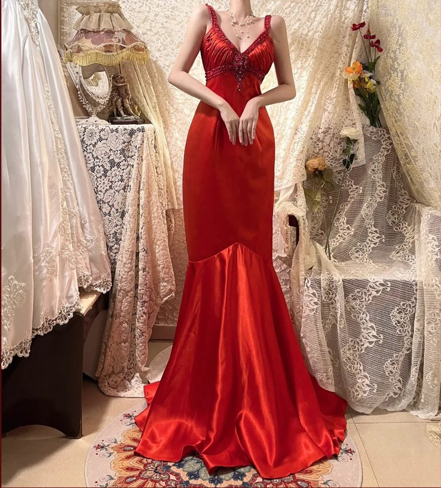 Red Vintage Floral Long Satin Prom Dress Birthday Party Dress Evening Dress gh4413