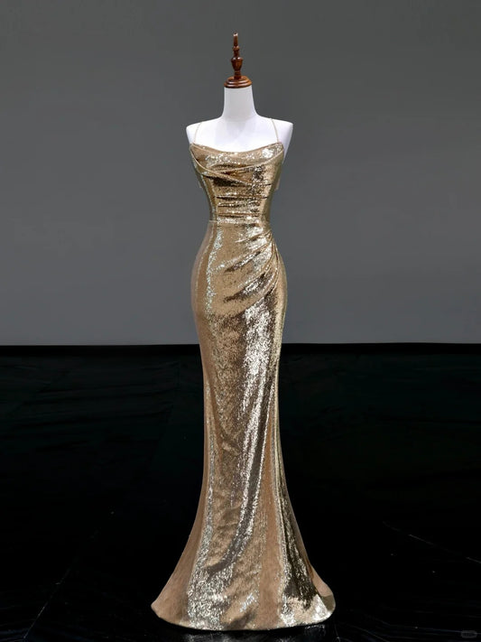 Girlhomeshops-Gold elegant sequins long mermaid tight prom dress evening dress party dress gh5125