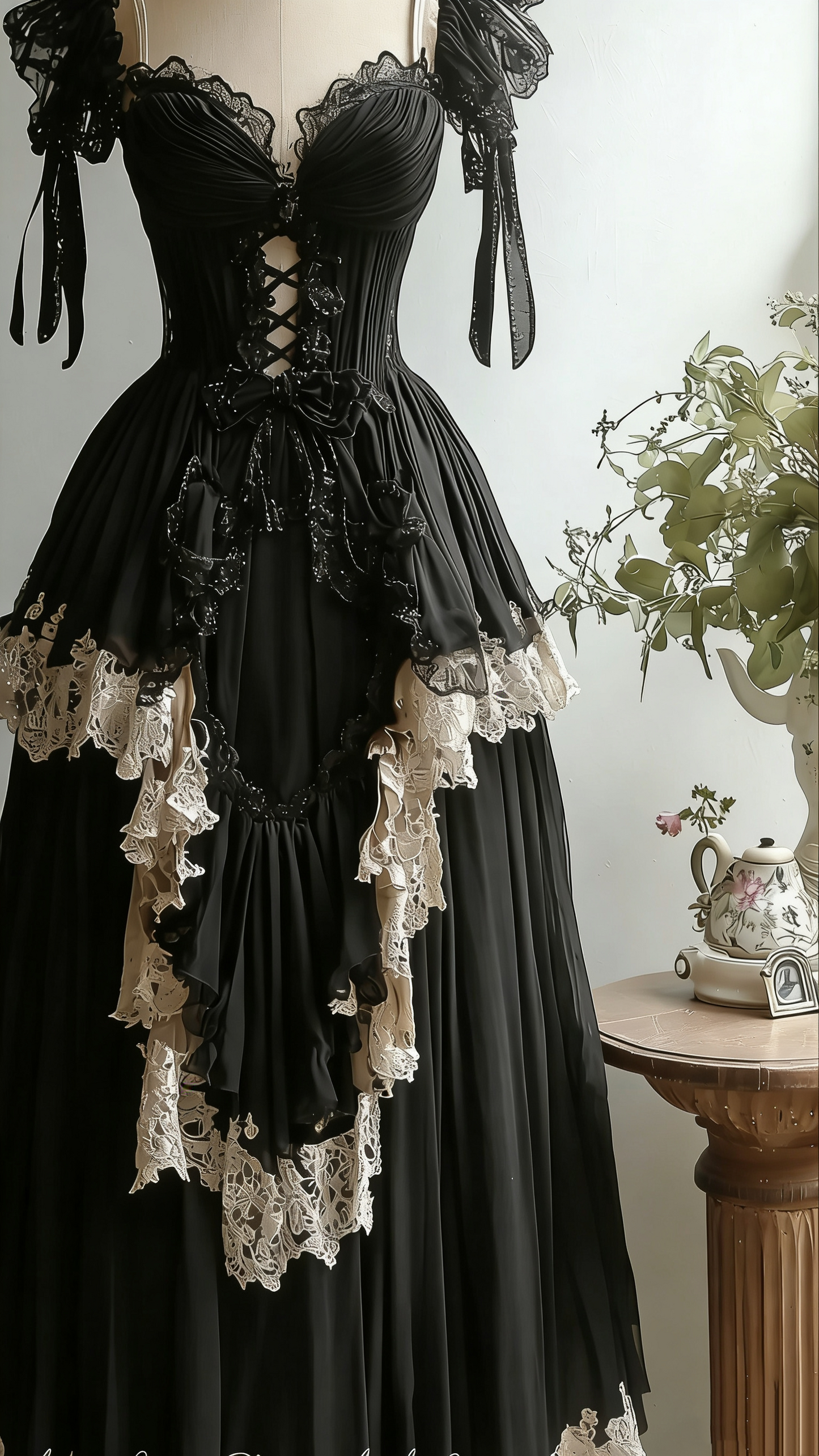 Dark Gothic Style Black Tulle & Cream Lace Lace-Up Ballgown - Witch Theme Party & Lolita Tea Dress gh6554