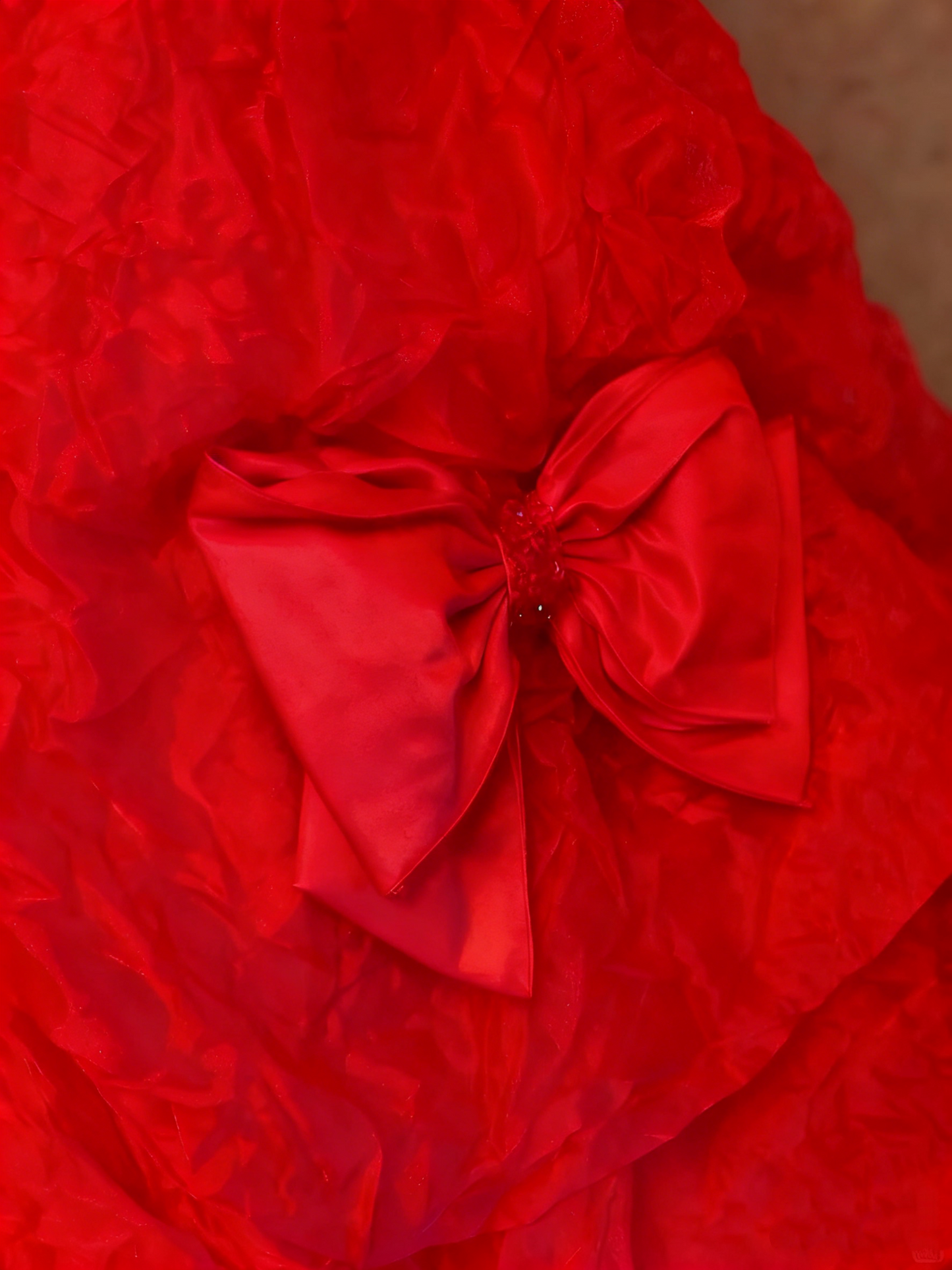 girlhomeshops-Crimson Satin Strapless Bow Rhinestone-Embellished Floor-Length Court-Style Gown gh6371