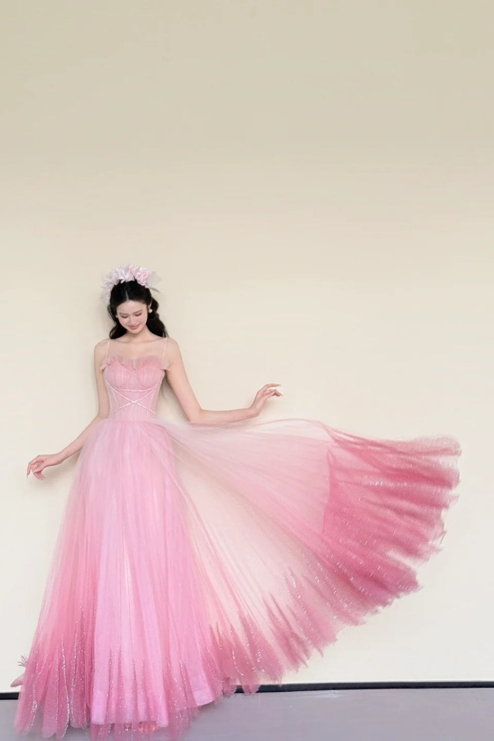 girlhomeshops-Blumenfeenkleid, rosa, glänzend, süß, exquisit, mit Perlen besetzt, lang, Tüll, Ballkleid, Abendkleid, Abschlusskleid, gh5980