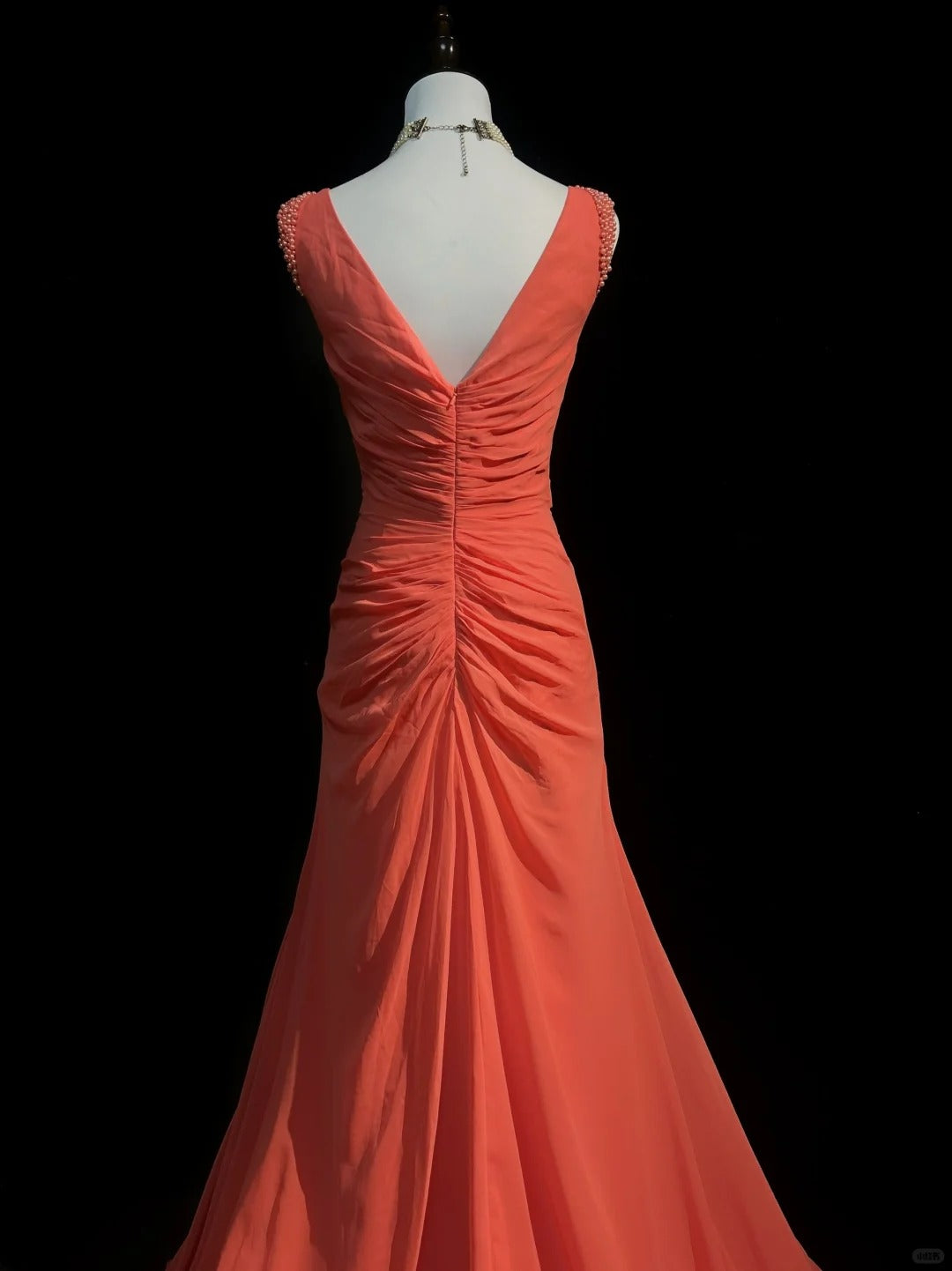 Orange Gorgeous Retro Fashion V-Neck Elegant Exquisite Pearl Beads Long Tulle Chiffon Floor-Length Trailing Ball Gown Evening Dress Prom Dress gh3872