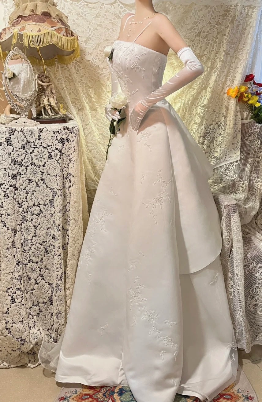 Robe de bal longue en satin blanc avec perles exquises, robe de soirée, robe de mariée gh4511