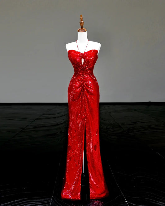 Girlhomeshops-Red sexy suspenders elegant long sequined prom dress evening dress party dress gh5123