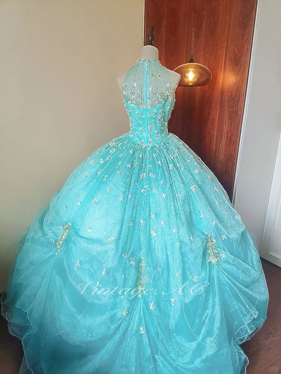 Girlhomeshops - Mintgrünes, glitzerndes, perlenbesetztes, florales, langes, bodenlanges Tüll-Ballkleid gh5300