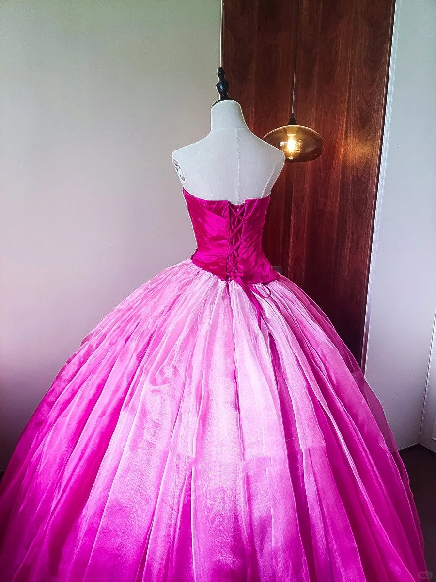 Girlhomeshops - Rosa, modisches, perlenbesetztes, langes, bodenlanges Tüll-Ballkleid, Ombre-Muster, gh5301