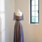 girlhomeshops-Vintage Blue-Gold Gradient V-Neck Sequin Bow Long Evening Gown gh6030