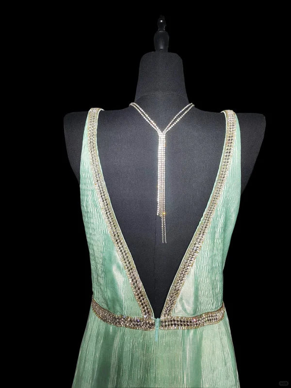 Mint Green Fashion Elegant V-neck Long Mermaid Slim Fishtail Skirt Satin Floor Length Train Ball Gown Evening Gown Party Dress Prom Dress gh3817