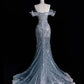 ✨💎Silver Blue Luxurious Heavy Industry Sparkling Gorgeous Elegant Exquisite Beading Stunning Long Mermaid Dress Sequin Floor Length Trailing Prom Dress Evening Dress Wedding Dress gh4114