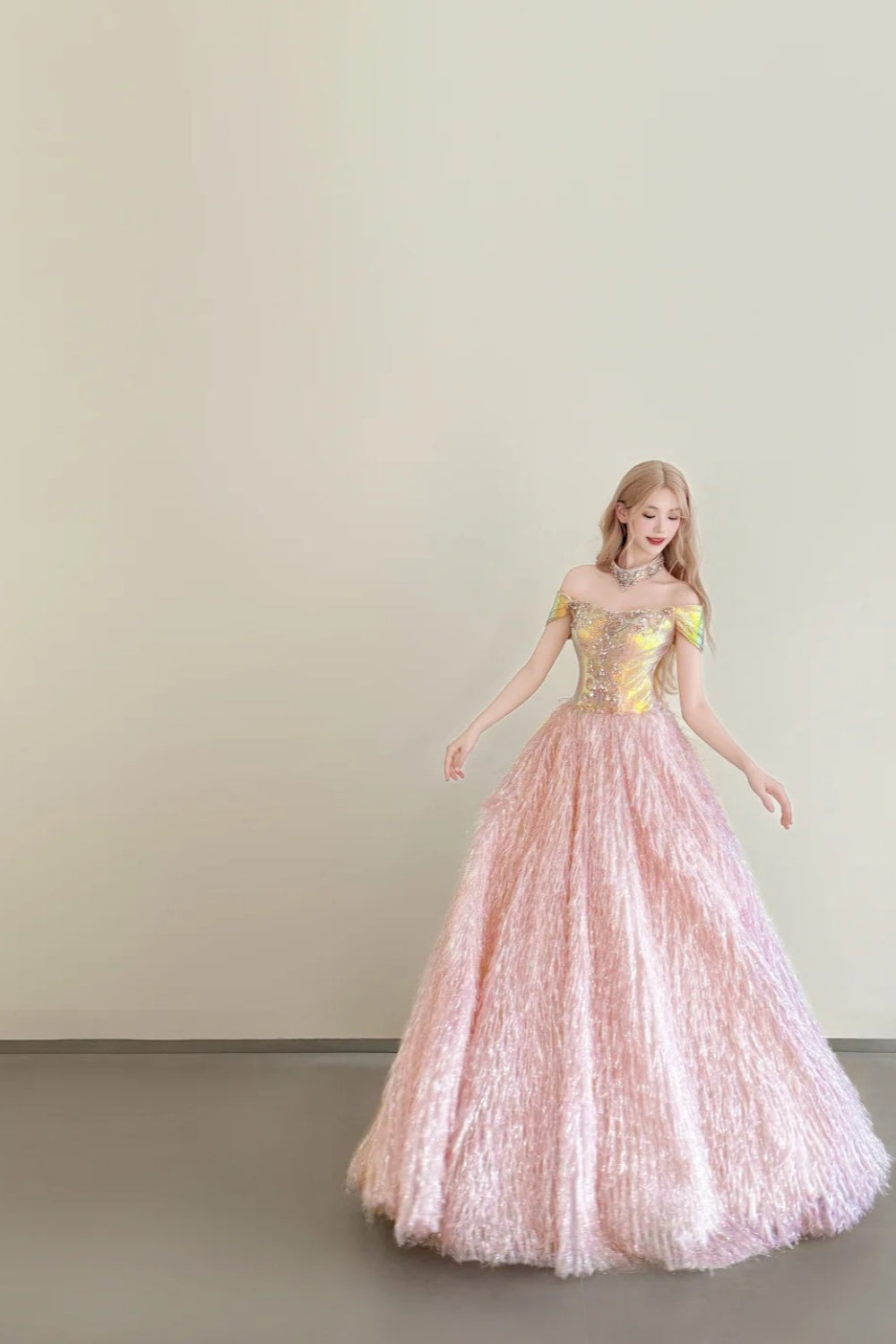 girlhomeshops-Vintage Pink-Gold Contrast Off-Shoulder Court Style Evening Gown gh6027