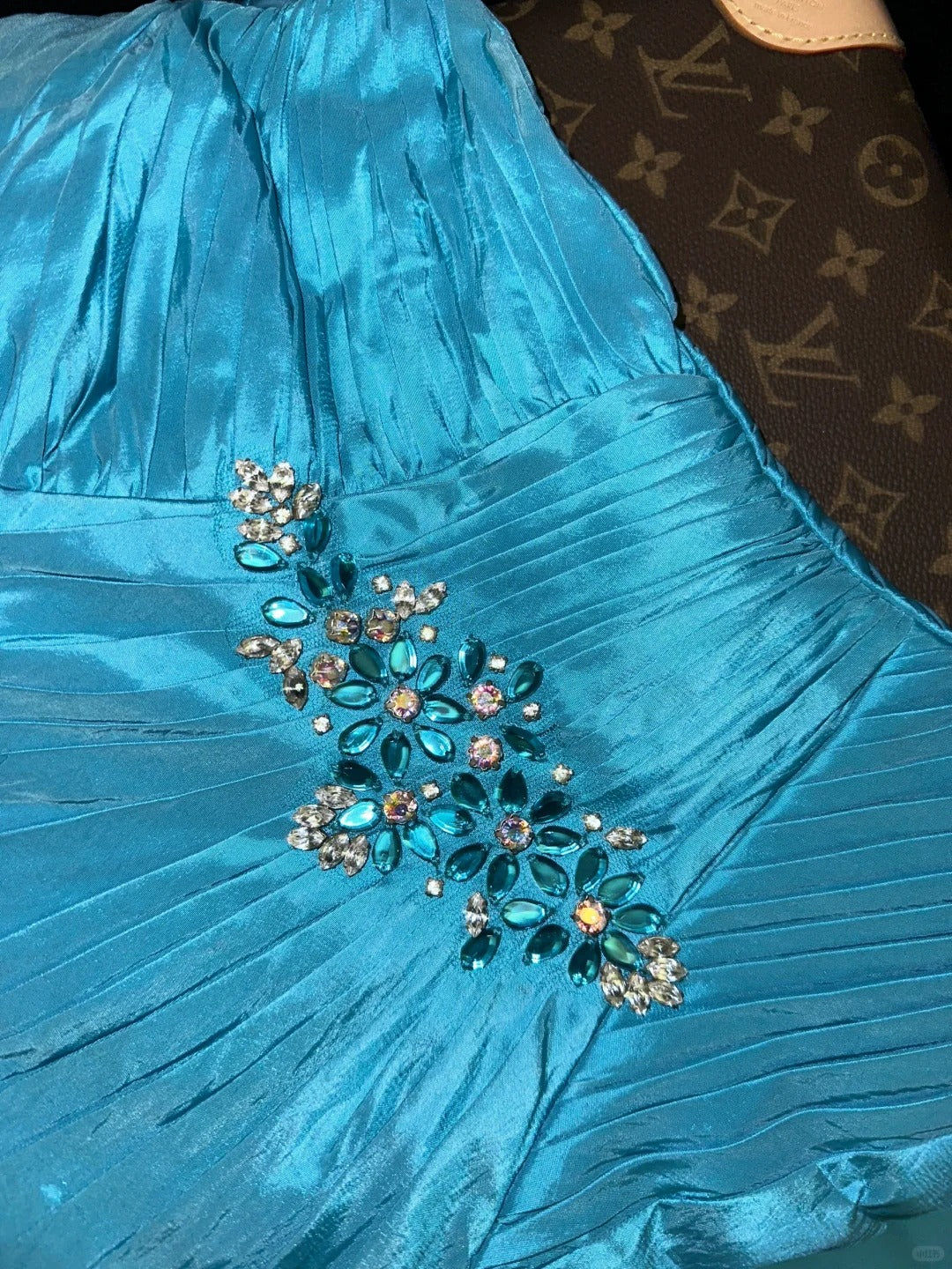 Blue Beaded Long Satin Ball Gown Evening Dress gh4425