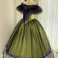 Olive Green Satin Off-the-shoulder Victorian Ball Gown: Satin Fabric, Velvet Floral Trim, Star-patterned Lace, Retro Ballgown Silhouette, Ball Formal Dress gh6734
