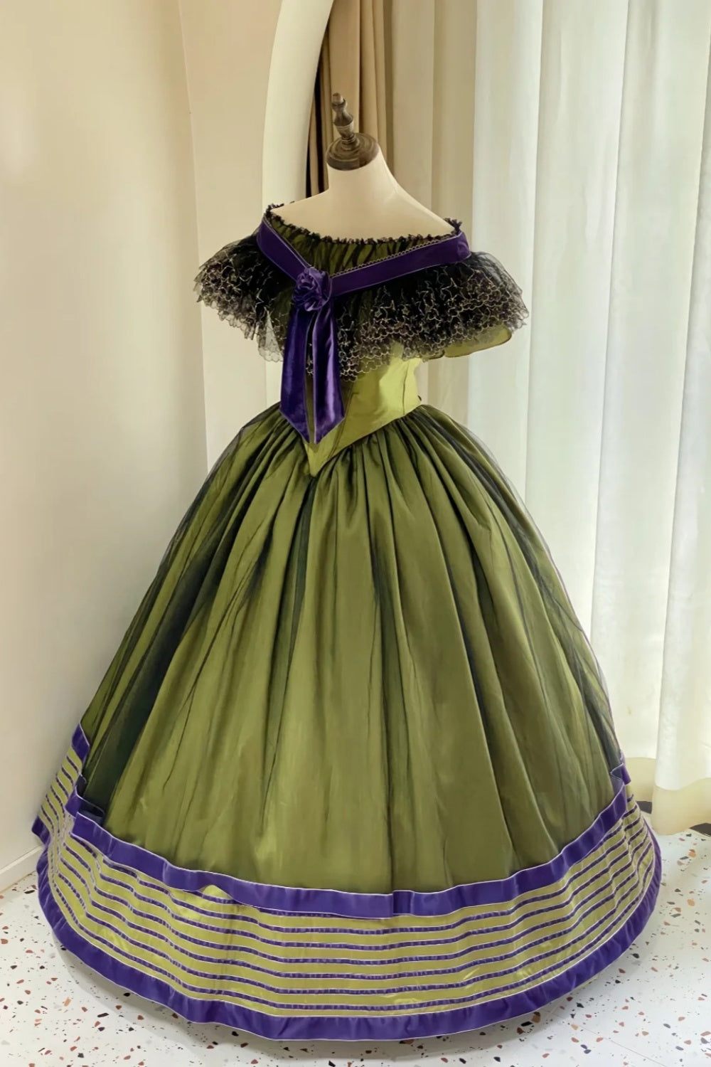 Olive Green Satin Off-the-shoulder Victorian Ball Gown: Satin Fabric, Velvet Floral Trim, Star-patterned Lace, Retro Ballgown Silhouette, Ball Formal Dress gh6734