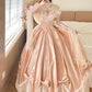 Peach Pink Satin Off-the-shoulder Lolita Victorian Ball Gown: Satin Fabric, Lace Bow Trim, Retro Ballgown Silhouette, Tea Party Formal Dress gh6735