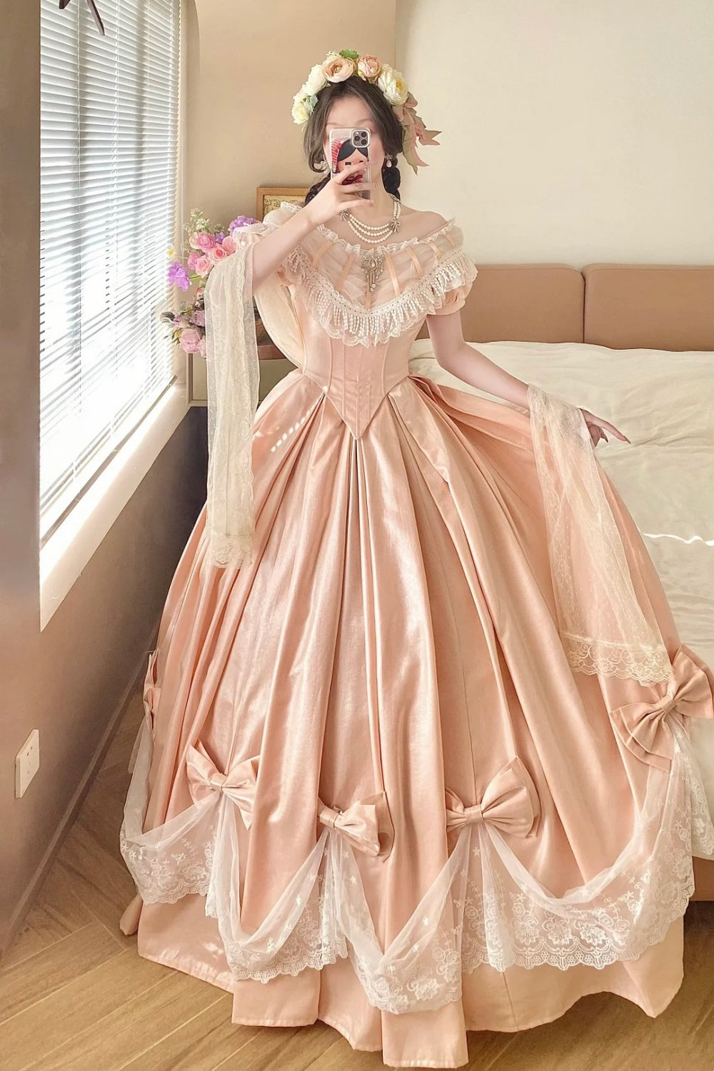 Peach Pink Satin Off-the-shoulder Lolita Victorian Ball Gown: Satin Fabric, Lace Bow Trim, Retro Ballgown Silhouette, Tea Party Formal Dress gh6735