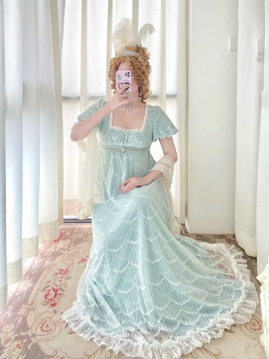 Mint Green Lace Square Neck Short Sleeve Floor-length Gown Retro Rococo Tea Party·Luxury Party Dress gh6738