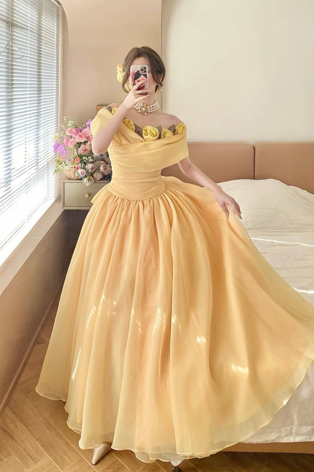 Cream Yellow Organza Off-the-shoulder Floor-length Ballgown 3D Rose Victorian Evening Dress gh6736