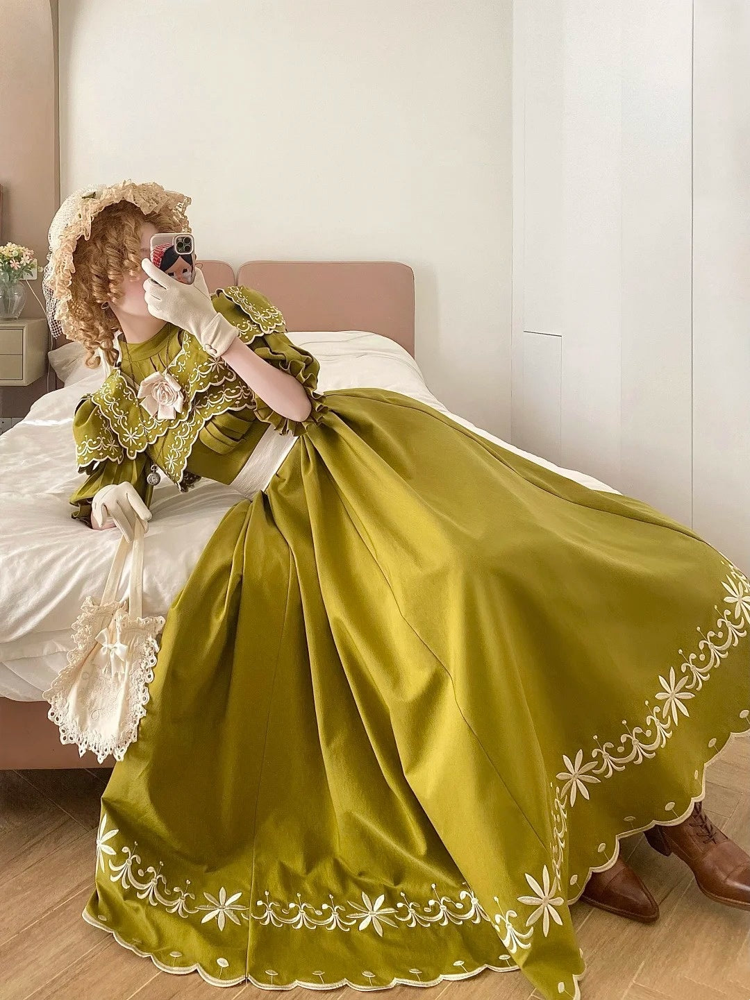 Olive Green Floor-length Gown Lace Victorian Tea Party·Retro Party Dress gh6737