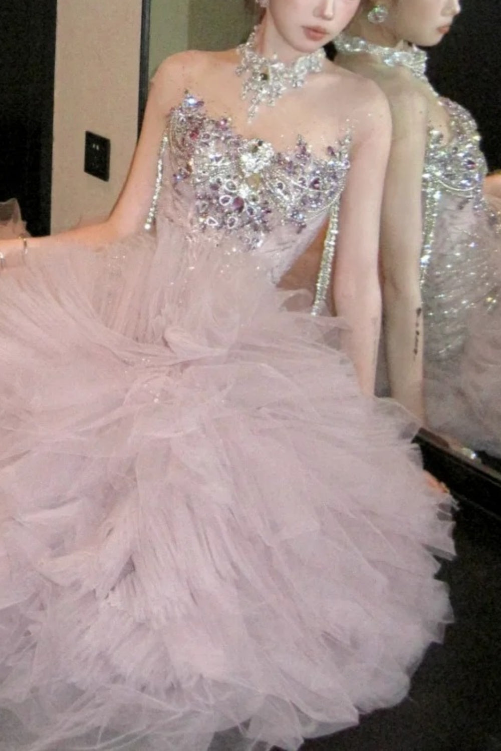 Pink Luxurious And Exquisite Pearl Embellishment Long Chiffon Mermaid Slim Fit Evening Gown gh6758