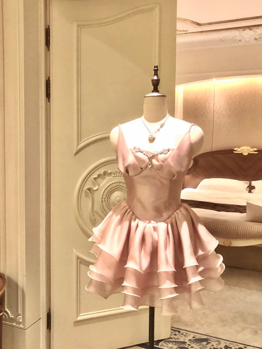 Girlhomeshops-Pink short satin tulle homecoming dress birthday party dress eighth grade dress gh5293