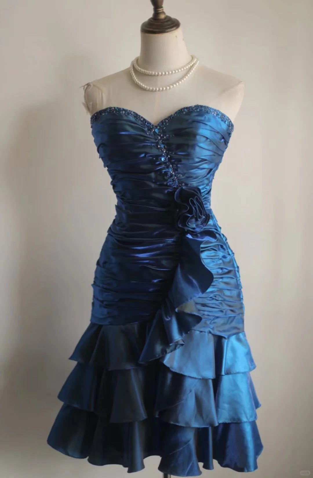 Blue Beaded Floral Homecoming Dress Short Satin Ball Gown Evening Gown Graduation Gown gh4495