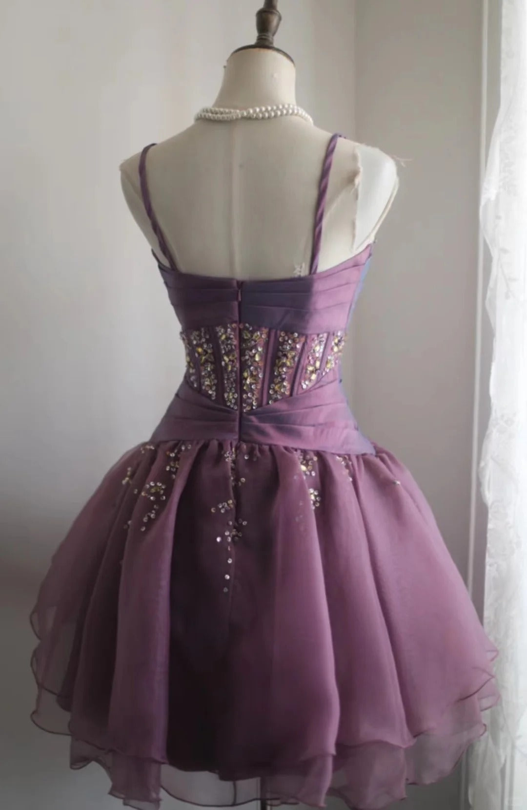 Purple retro palace puffy short homecoming dress princess dress taffeta satin organza handmade beaded adult ceremony birthday party gh4373