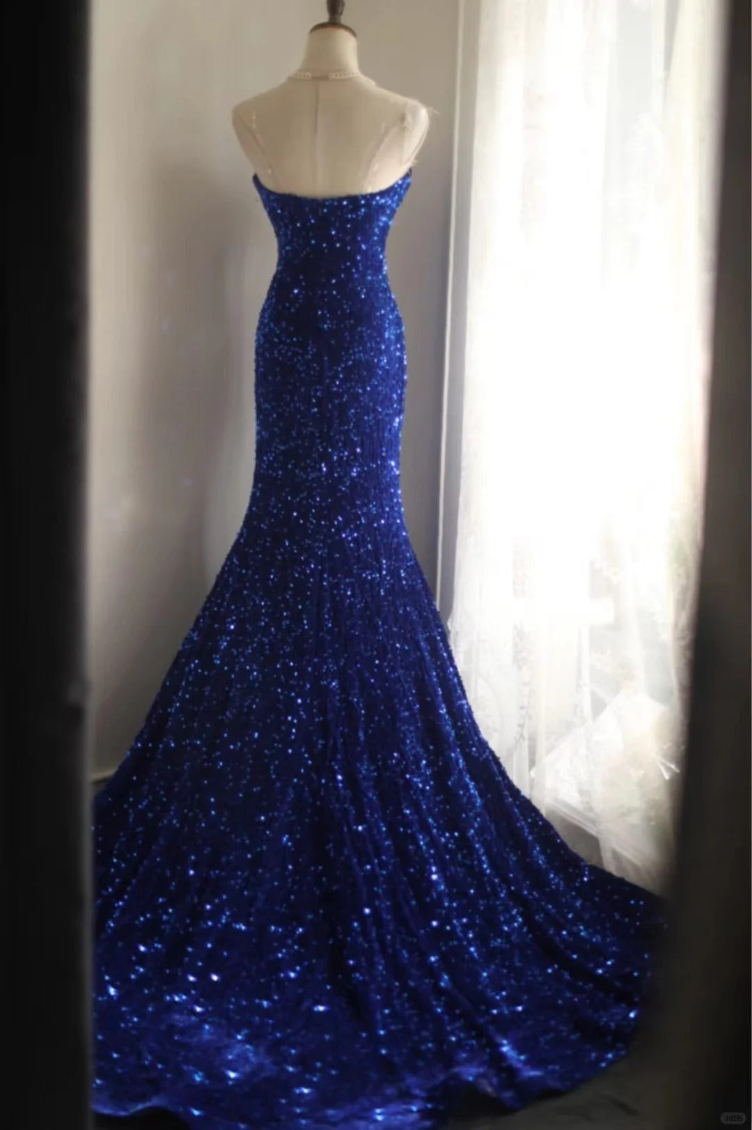 Robe de soirée bleu royal en queue de poisson, en velours, paillettes, perles, fente latérale, plissée, pour mariage, cérémonie, fête d'anniversaire, gh4326