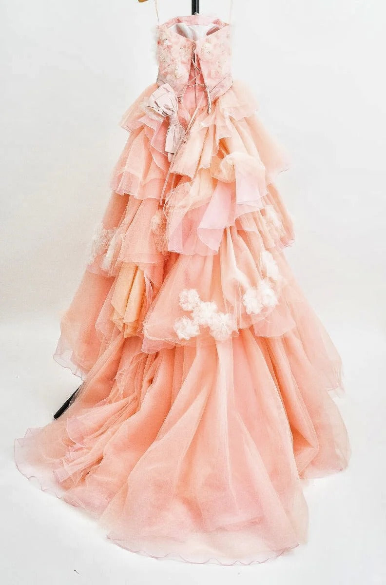 Girlhomeshops-Blue/Pink Floral Fashion Gorgeous Elegant Long Tiered Tulle Ball Gown gh5323