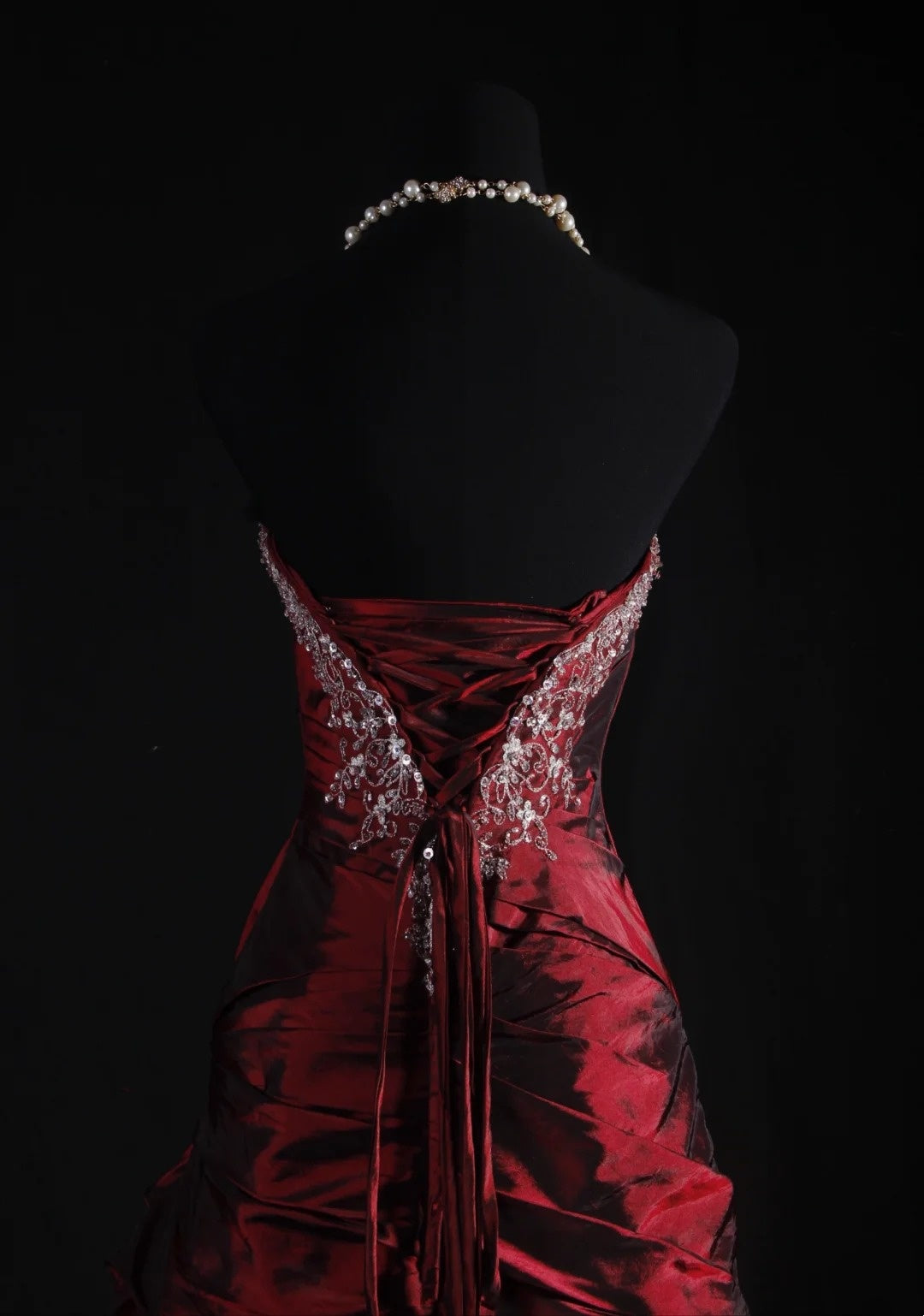 girlhomeshops-Burgundy Satin Beaded Strapless Sleeveless Floor-Length Ruffled Gown gh6316