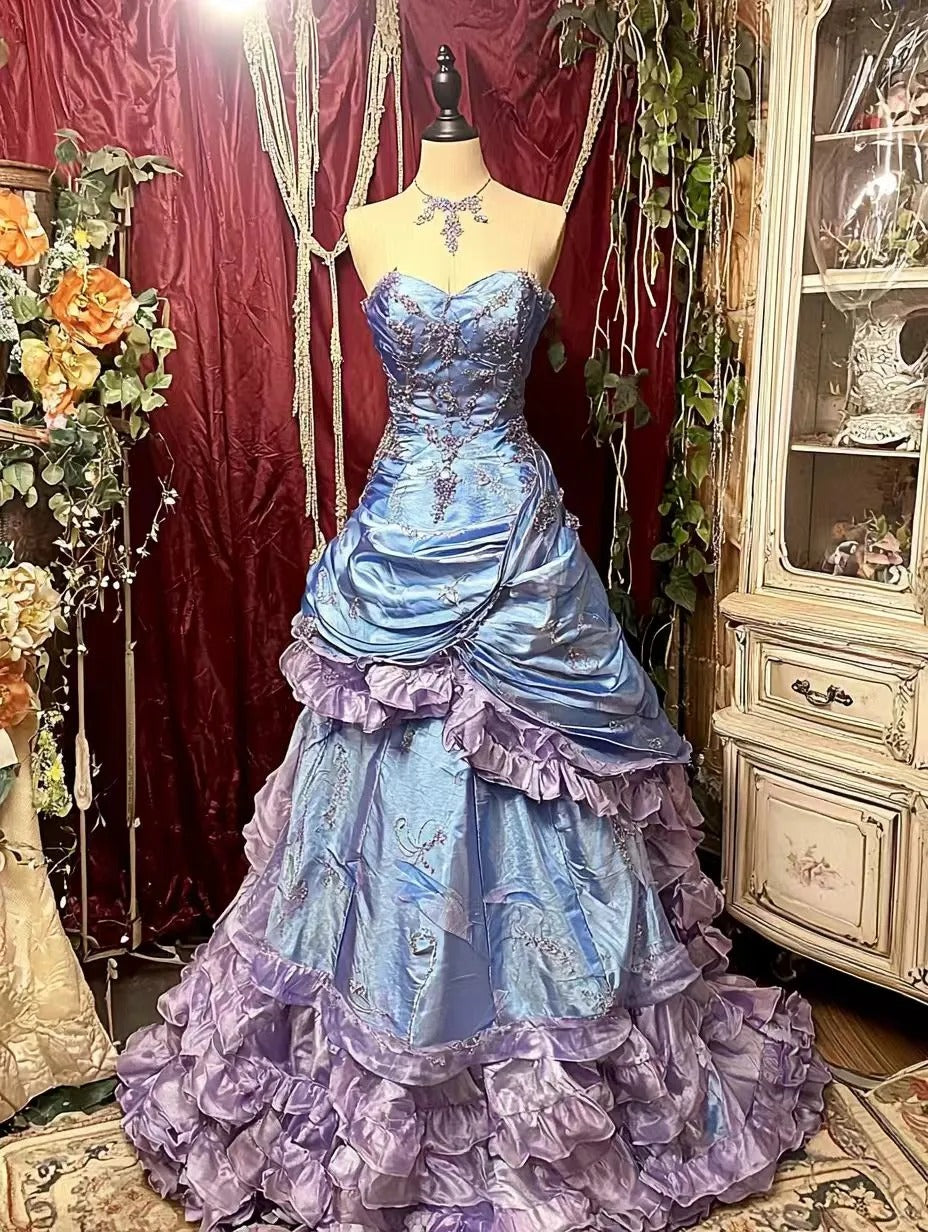 Robe de soirée longue en satin à volants, magnifique, élégante et exquise, dégradé de bleu et violet, avec perles, gh4172