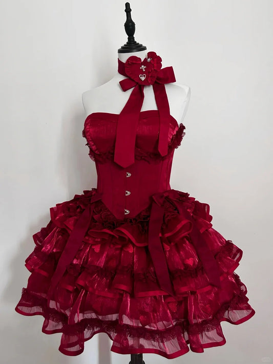 Girlhomeshops-Red Princess Lace Fashion Short Tulle Homecoming Dress Birthday Party Dress gh5415
