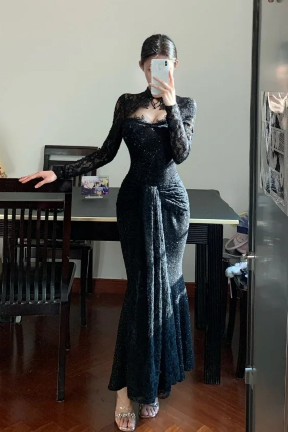 Robe de bal longue et élégante en dentelle exquise noire à manches longues, modèle gh6629