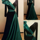 Emerald Satin & Black Velvet Long-Sleeve Beaded Formal Evening Gown gh6391