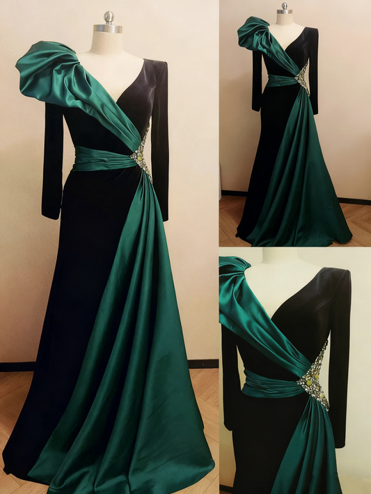 Robe de soirée formelle à manches longues en satin émeraude et velours noir ornée de perles gh6391