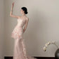 Pink Delicate Floral Long Chiffon Evening Gown Fairy Gown gh6759