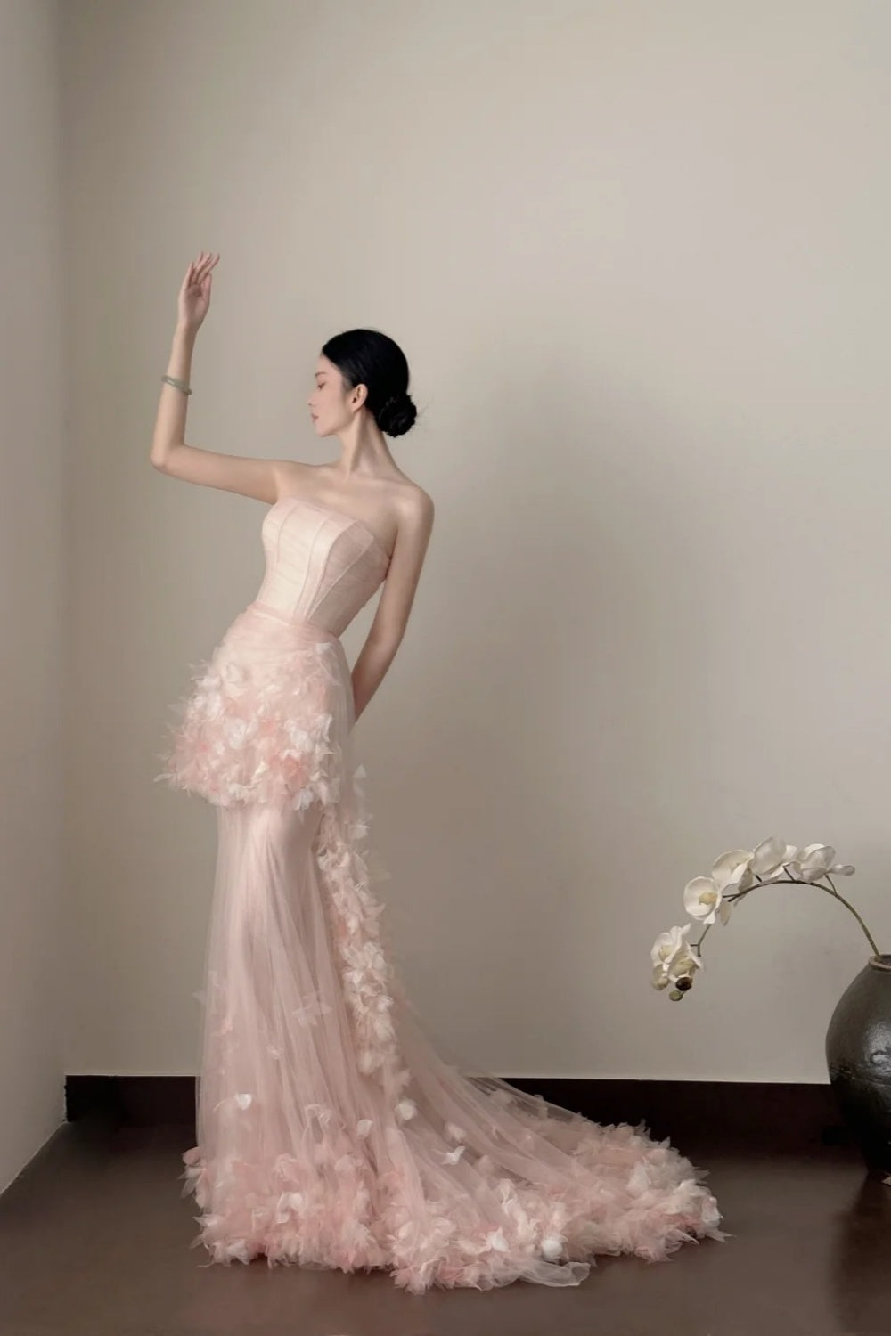 Pink Delicate Floral Long Chiffon Evening Gown Fairy Gown gh6759