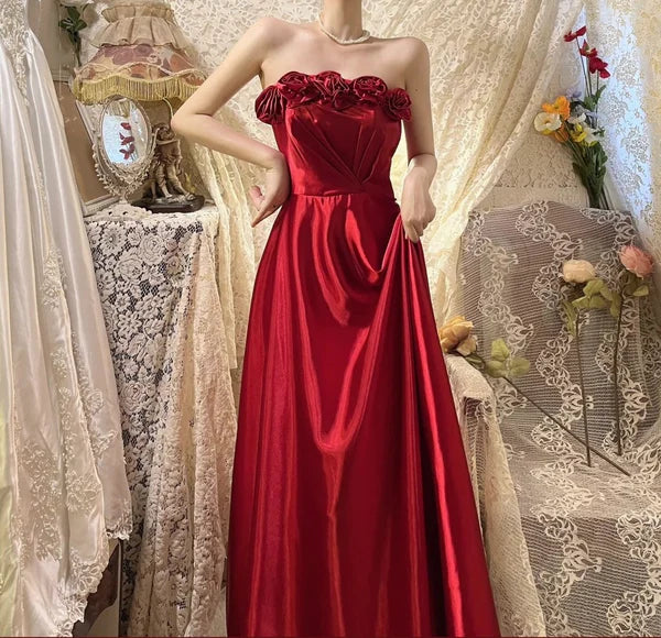 Red delicate floral long elegant satin ball gown evening dress gh4436