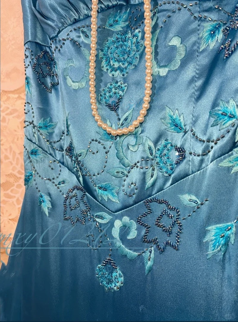 Robe de soirée longue en satin bleu à fleurs, élégante, robe de demoiselle d'honneur, gh4464