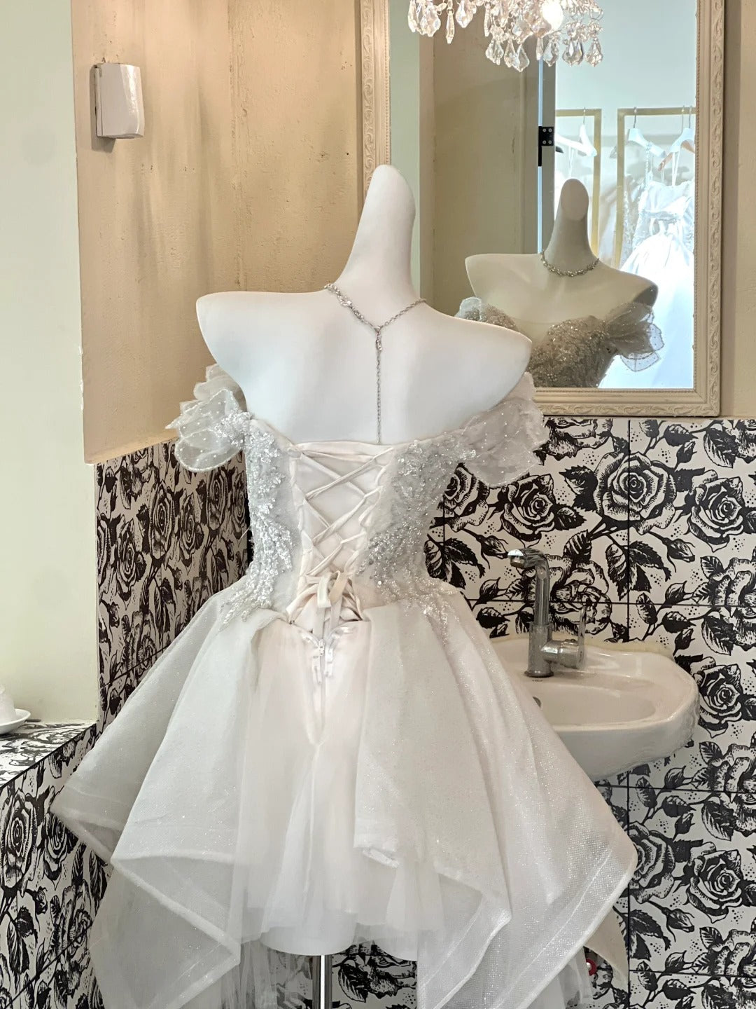 White Sparkly Beaded Short Tulle Cute Sweet Homecoming Dress Birthday Party Dress Wedding Dress gh4263