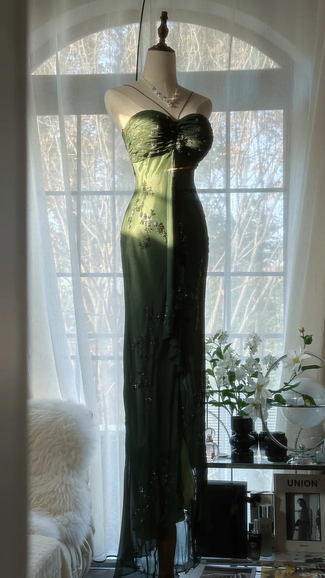 Robe de soirée longue en mousseline de soie, élégante et verte, avec perles, sans bretelles, pour anniversaire ou fête, gh4066
