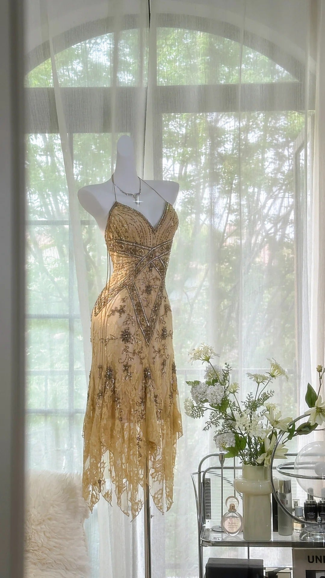 Robe de soirée en mousseline de soie et dentelle, magnifique et élégante, vintage, marron clair, exquise, perlée, longue, robe de bal, robe de fête d'anniversaire, robe de bal gh3950