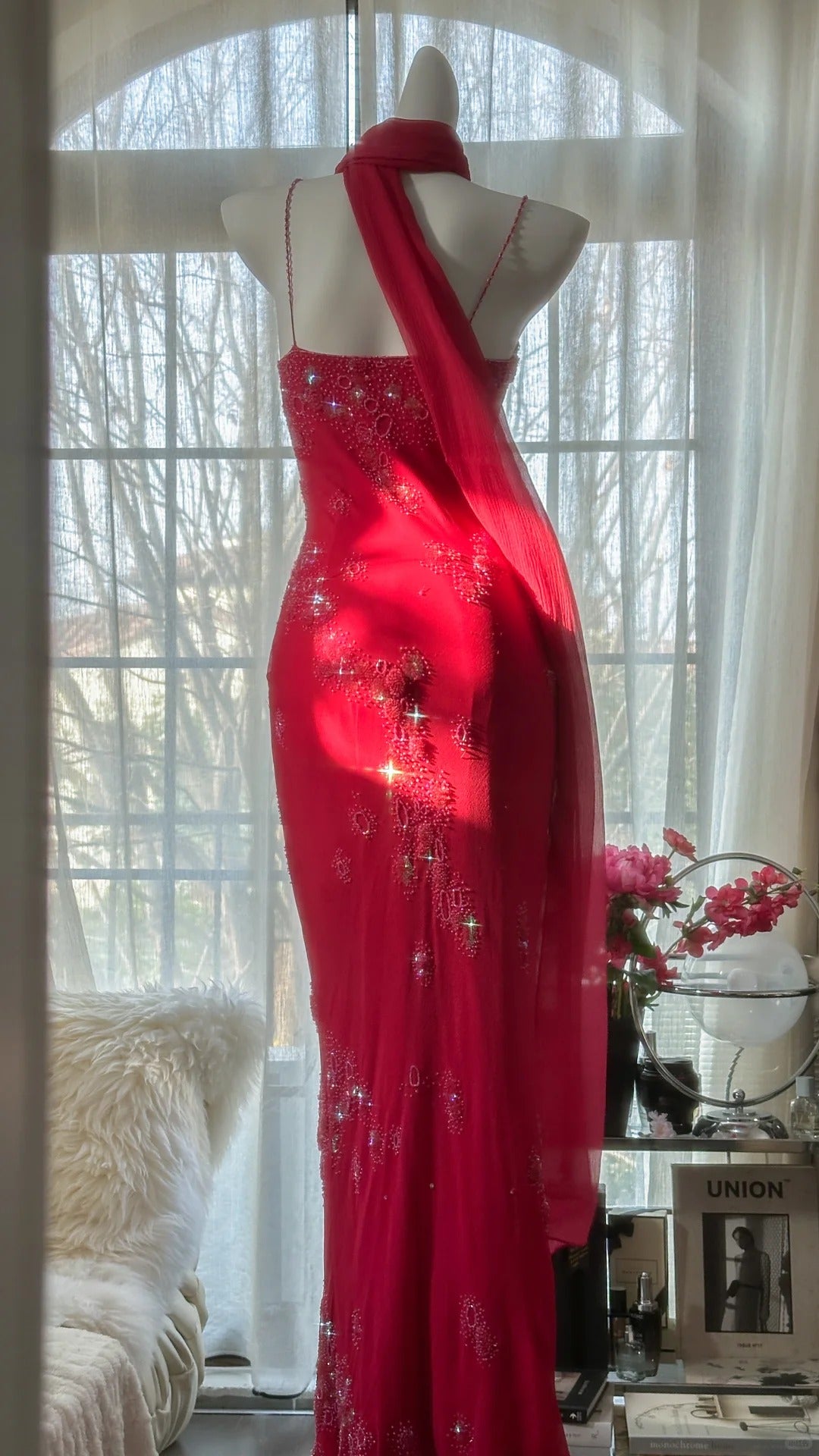 Red Romantic Gorgeous Fashion Elegant Exquisite Beaded Long Chiffon Ball Gown Evening Dress Birthday/Wedding Guest/Vacation Party Dress Prom Dress Valentine's Day Date Dress gh4027