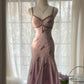 Robe de soirée élégante rose pâle, élégante, décolleté en cœur, bretelles spaghetti, longue en mousseline de soie à volants, robe de bal, robe de soirée, robe de fête d'anniversaire/de vacances, robe de bal gh4067